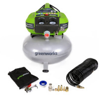 Воздушный компрессор GREENWORKS GAC6L 4101302<br />
<br />
Мощный 12 А двигатель<br />
Максимальное давление внутри 10 бар<br />
Не используются горюче-смазочные материалы благодаря электрическому двигателю<br />
Объем 27,3 л<br />
Возможно использование