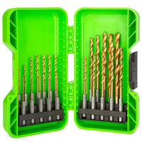 Набор сверл HSS-TiN 1,5-8,0 мм с шестигранным хвостовиком в кейсе Greenworks арт. 2943907, 22 шт.<br />
<br />
Сверла HSS-TiN для уверенного сверления стали и литой стали, легированной и нелегированной стали, серого чугуна, цветных металлов, пластика,<br