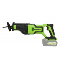 Аккумуляторная сабельная пила Greenworks GD24RS 1200407 служит для резки всех видов древесины, пластмассы, сухой штукатурки, металлических изделий.<br />
Благодаря высокой мощности реза можно делать пропилы в древесной заготовке на глубину до 210 мм, а в