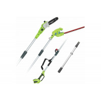 Аккумуляторный высоторез-кусторез GreenWorks 40V 1300607 служит для формирования крон деревьев и подрезки высоких кустарников. Оснащен удлинителем, а также сменными модулями кустореза и сучкореза. Работает от литий-ионного аккумулятора 40 В.<br />
<br />