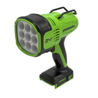 Фонарь-прожектор аккумуляторный 24V GREENWORK G24SL яркий прожектор со световым потоком 3000 лм. Может использоваться как стационарный источник света.<br />
Фонарь имеет 3 режима яркости, а также сигнальный мигающий режим. Обрезиненная ручка обеспечивает